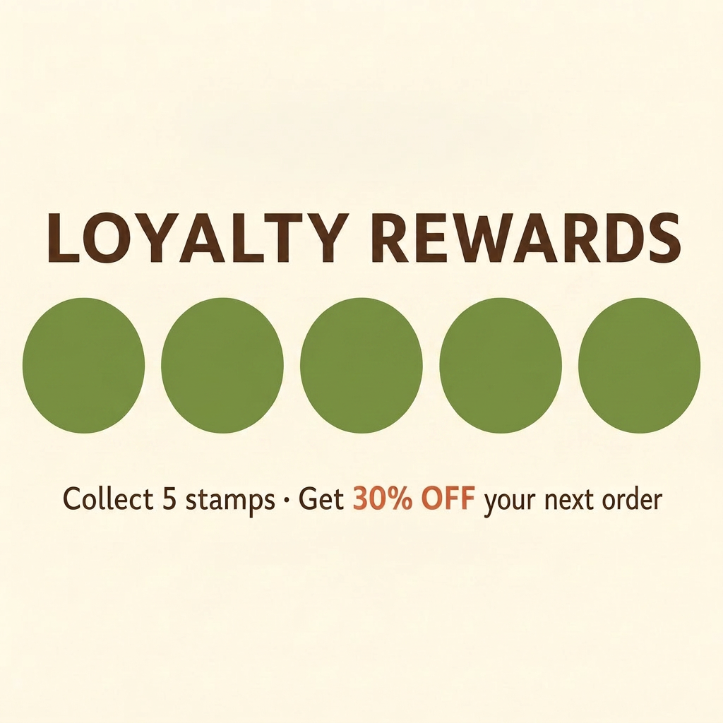 Loyalty stamp card showing 5 stamps — collect them all for 30% off your next order